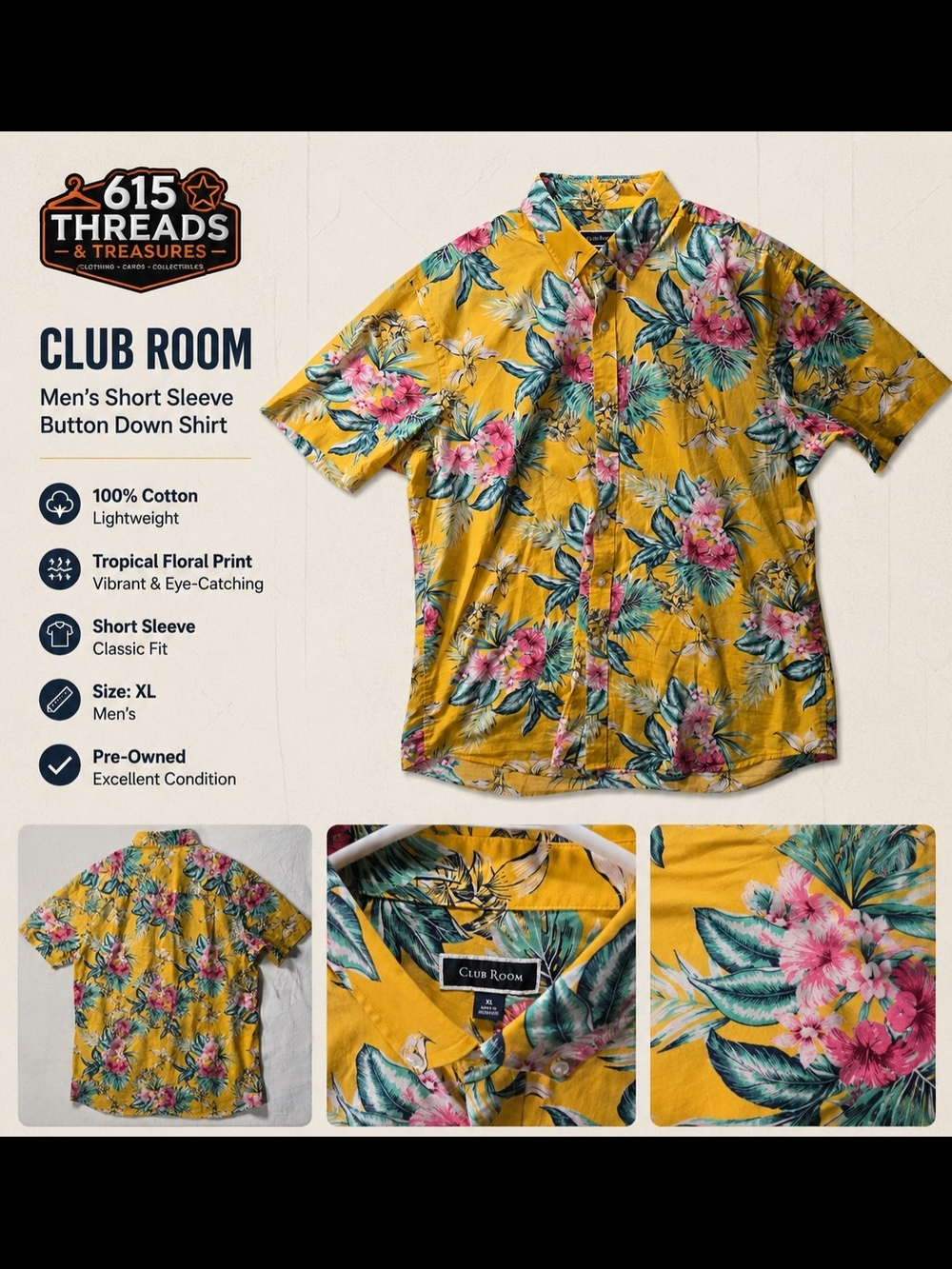 Club Room Yellow Tropical Floral Short-Sleeve Button-Down Shirt